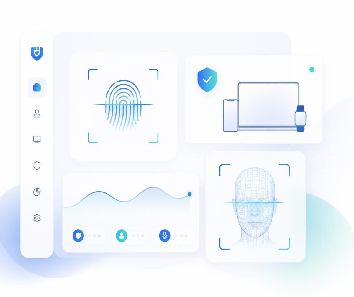 KratosID passwordless identity platform interface with biometric verification and device trust